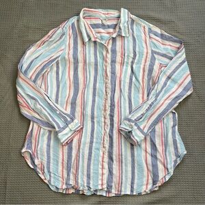 LL Bean Premium Washable Linen Tunic Shirt 1X Womens Multicolor Stripe